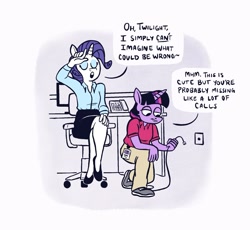 Size: 1913x1761 | Tagged: safe, artist:horsewizardart, rarity, twilight sparkle, unicorn, anthro, plantigrade anthro, g4, chair, clothes, crossed legs, dialogue, duo, duo female, eyes closed, eyeshadow, female, lesbian, makeup, office, office chair, open mouth, pants, phone cord, ship:rarilight, shipping, shirt, shoes, sitting, skirt, sneakers, speech bubble, unamused