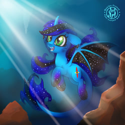 Size: 1920x1920 | Tagged: safe, artist:redi, oc, oc only, alicorn, bat pony, bat pony alicorn, original species, pony, bat wings, curved horn, fangs, fish tail, floppy ears, flowing mane, flowing tail, horn, ocean, solo, sunlight, swimming, tail, underwater, water, wings