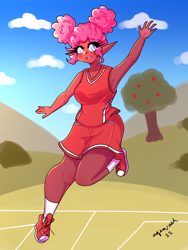 Size: 1800x2400 | Tagged: safe, artist:mylittleyuri, pinkie pie, human, g4, afro puffs, alternate hairstyle, apple, apple tree, armpits, buckball uniform, clothes, converse, dark skin, elf ears, female, food, humanized, open mouth, pinktails pie, shoes, shorts, socks, solo, tank top, tree