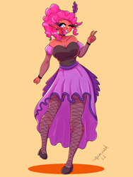 Size: 1800x2400 | Tagged: safe, artist:mylittleyuri, pinkie pie, human, g4, alternate hairstyle, clothes, dark skin, dress, elf ears, female, fishnet stockings, grin, high heels, humanized, one eye closed, peace sign, saloon dress, saloon pinkie, shoes, simple background, smiling, socks, solo, stockings, thigh highs, wink, yellow background