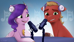 Size: 3245x1831 | Tagged: safe, alternate version, artist:daisy_marshmallow, pipp petals, sprout cloverleaf, earth pony, pegasus, pony, g5, my little pony: a new generation, duo, female, grin, headphones, looking at you, male, mare, microphone, nervous, nervous smile, shure sm7b, sm7b, smiling, stallion