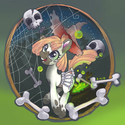Size: 1920x1920 | Tagged: safe, artist:redi, oc, oc only, earth pony, pony, bone, cauldron, halloween, happy, hat, holiday, skull, smiling, solo, spider web, witch hat