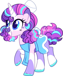 Size: 1945x2333 | Tagged: safe, artist:kurosawakuro, oc, oc only, pony, unicorn, apron, base used, blue eyes, clothes, coat markings, colored hooves, facial markings, female, freckles, grin, hat, horn, mare, offspring, parent:pinkie pie, parent:shining armor, parents:shiningpie, pigtails, short tail, simple background, skirt, smiling, solo, star (coat marking), tail, transparent background, unicorn oc