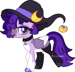 Size: 2461x2350 | Tagged: safe, artist:kurosawakuro, oc, oc only, pegasus, pony, base used, choker, coat markings, colored eyelashes, colored hooves, colored wings, ear piercing, earring, female, fishnet stockings, folded wings, frown, hat, heterochromia, high res, hoof polish, jewelry, lipstick, mare, pegasus oc, piercing, purple eyes, simple background, socks (coat markings), solo, transparent background, trotting, two toned wings, wings, witch hat, yellow eyes