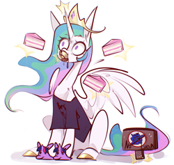 Size: 3508x3328 | Tagged: safe, artist:drakekok, princess celestia, princess luna, twilight sparkle, alicorn, pony, g4, cake, cake slice, cakelestia, clothes, crown, female, food, high res, hoof shoes, jewelry, meme, mug, regalia, sign, simple background, slippers, solo, spread wings, stare, that pony sure does love cakes, white background, wings