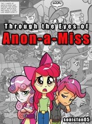 Size: 762x1024 | Tagged: safe, idw, apple bloom, scootaloo, sweetie belle, human, fanfic:through the eyes of anon-a-miss, equestria girls, g4, spoiler:comic, spoiler:comicholiday2014, anon-a-miss, fanfic, fanfic art, fanfic cover, reality ensues