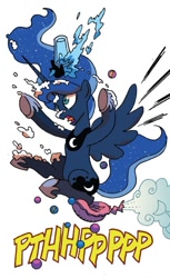 Size: 619x1011 | Tagged: safe, artist:tonyfleecs, idw, official comic, princess luna, alicorn, pony, friends forever, g4, spoiler:comic, spoiler:comicff7, belly, comic, cup, cute, dignity, epic fail, fail, fart noise, female, food, funny, hilarious, majestic as fuck, marbles, mare, onomatopoeia, open mouth, pie, prank, punch (drink), round belly, shocked, shocked expression, shocked eyes, silly, silly pony, simple background, solo, surprised, surprised face, water, whipped cream, white background, whoopee cushion