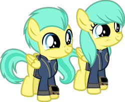 Size: 6138x5000 | Tagged: safe, artist:php170, barley barrel, pickle barrel, pegasus, pony, fallout equestria, g4, my little pony: rainbow roadtrip, absurd resolution, barleybetes, barrel twins, brother and sister, clothes, colt, cute, duo, fallout, female, filly, foal, freckles, jumpsuit, male, picklebetes, pipboy, puppy dog eyes, siblings, simple background, transparent background, twins, vault suit, vector