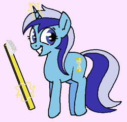 Size: 431x414 | Tagged: safe, artist:kleyime, minuette, pony, unicorn, g4, female, looking at you, lowres, magic, mare, pixelated, simple background, smiling, solo, telekinesis, toothbrush