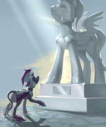 Size: 5000x6000 | Tagged: safe, artist:chi-eca, artist:hichieca, oc, oc only, oc:akasa, oc:eternal light, alicorn, original species, pony, alicorn oc, armor, butt, helmet, horn, horns, looking up, plaque, plot, ponytail, shadow, smiling, statue, wings