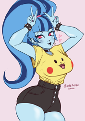 Size: 1754x2480 | Tagged: safe, artist:nire, sonata dusk, human, pikachu, equestria girls, g4, armpits, big breasts, blushing, breasts, busty sonata dusk, choker, clothes, curvy, cute, double peace sign, ear piercing, earring, eyeshadow, female, floating heart, heart, jewelry, lipstick, makeup, nail polish, peace sign, piercing, pokémon, ponytail, shorts, simple background, solo, sonatabetes, spiked wristband, thighs, wide hips, wristband