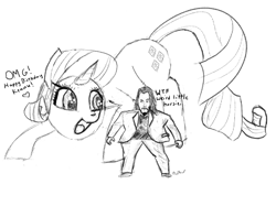 Size: 1063x793 | Tagged: safe, artist:floof hoof, rarity, pony, unicorn, g4, crouching, female, happy, happy birthday, keanu reeves, macro, mare, micro, monochrome, raised tail, sketch, tail