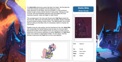 Size: 1586x815 | Tagged: safe, artist:lummh, artist:ternonadime, oc, oc only, oc:stella blitz, pony, comic:the lost sun, magicorn, reference sheet, solo, text, wiki