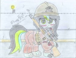 Size: 2200x1700 | Tagged: safe, artist:fliegerfausttop47, oc, oc only, original species, ammunition, bare hooves, black mane, blushing, claws, clothes, cute, daaaaaaaaaaaw, description is relevant, embarrassed, female, fort, green eyes, green mane, gun, helmet, light, lightbulb, looking at you, maginot line, mole pony, multicolored hair, multicolored mane, offscreen character, pov, rifle, shy, smiling, sniper, sniper rifle, solo, story included, timid, traditional art, tunnel, underground, uniform, weapon