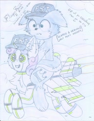 Size: 2550x3300 | Tagged: safe, artist:fliegerfausttop47, sweetie belle, oc, oc only, oc:flow, bird, original species, plane pony, robot, wolf, wolf pony, back fluff, baseball cap, cap, cheek fluff, chest fluff, cloud, cloudy, cute, daaaaaaaaaaaw, description is relevant, detailed background, duo, ear fluff, fbi, fear, female, fighter, floppy ears, fluffy, fluffy tail, flying, hat, high res, jet fighter, leg fluff, male, missile, pinpoint eyes, plane, scared, shock diamond, shoulder fluff, story included, su-27, sukhoi su-27, sweetie bot, tail, tail fluff, traditional art, weapons-grade cute