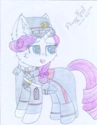 Size: 1700x2194 | Tagged: safe, artist:fliegerfausttop47, rarity, g4, blue eyes, boots, cape, carabinieri, cheek fluff, clothes, description is relevant, detailed, ear fluff, fashion, female, gloves, hat, holster, italian, looking at something, looking sideways, military uniform, offscreen character, purple mane, shoes, signature, simple background, smug, smugity, solo, stars, story included, traditional art, uniform, white background