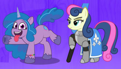 Size: 1379x784 | Tagged: safe, artist:aleximusprime, artist:cinder vel, bon bon, izzy moonbow, sweetie drops, earth pony, pony, unicorn, g4, g5, my little pony: a new generation, my little pony: tell your tale, armor, battle suit, bracelet, clothes, duo, duo female, female, friendship bracelet, happy, impressed, jewelry, knight, lidded eyes, serious, serious face, silly face, smiling, suit, tongue out