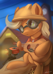 Size: 3000x4200 | Tagged: safe, artist:auroriia, applejack, earth pony, pony, g4, 2fort, engiejack, engineer, female, freckles, guitar, helmet, high res, mare, musical instrument, sentry, signature, solo, team fortress 2, valve, video game crossover