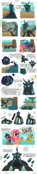 Size: 1640x7585 | Tagged: safe, artist:tuft~, queen chrysalis, oc, changeling, changeling queen, earth pony, pegasus, pony, unicorn, g4, balloon, bouncy castle, butt, comic, dialogue, female, fence, imminent vore, inanimate tf, jojo's bizarre adventure, menacing, objectification, plot, stomach noise, transformation, tree, ゴ ゴ ゴ