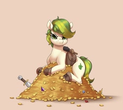 Size: 2048x1820 | Tagged: safe, artist:aquaticvibes, oc, oc only, oc:karakusa, earth pony, pony, bag, boots, diamond, female, filly, foal, frown, gem, glare, gold, greedy, hug, loot, lying down, prone, ruby, saddle bag, shoes, sitting, solo, sword, torch, treasure, weapon