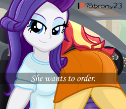 Size: 792x688 | Tagged: safe, artist:tabrony23, rarity, sunset shimmer, human, equestria girls, ass, beautiful, bunset shimmer, butt, car, car interior, clothes, duo, duo female, eyes closed, fanart, female, he wants to order, looking at you, looking back, meme, patreon, patreon logo, selfie, sexy, show accurate, signature, skirt, smiling, smiling at you, stupid sexy sunset shimmer