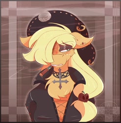 Size: 1108x1122 | Tagged: safe, artist:burgivore, applejack, earth pony, anthro, g4, breasts, chest fluff, choker, cigar, cleavage, cross, ear piercing, earring, goth, hair over one eye, inverted cross, jewelry, lidded eyes, piercing, smoking, solo