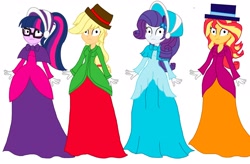 Size: 2266x1488 | Tagged: safe, artist:artsymlp12, applejack, rarity, sci-twi, sunset shimmer, twilight sparkle, human, equestria girls, g4, clothes, dress, hypnosis, hypnotized, long dress, long skirt, simple background, skirt, white background