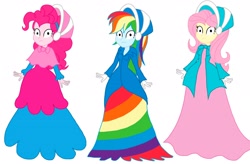 Size: 2266x1488 | Tagged: safe, artist:artsymlp12, fluttershy, pinkie pie, rainbow dash, human, equestria girls, g4, clothes, dress, hypnosis, hypnotized, long dress, long skirt, simple background, skirt, white background