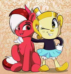 Size: 2470x2600 | Tagged: safe, artist:joaothejohn, oc, oc only, oc:flamebrush, pegasus, pony, bloomers, clothes, crossover, cuphead, cute, fingers, high res, hug, looking at each other, looking at someone, ms. chalice, one eye closed, pegasus oc, simple background, sitting, skirt, wings, wink