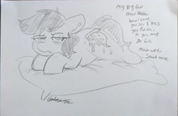 Size: 1808x1181 | Tagged: safe, artist:nootaz, oc, oc only, oc:anon-mare, earth pony, pony, female, food, grayscale, mare, monochrome, pencil drawing, pillow, pizza, signature, solo, traditional art, unamused