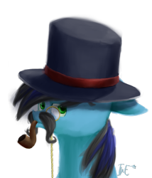 Size: 872x1021 | Tagged: safe, artist:theartflower, oc, oc only, oc:electroshock, pony, bust, facial hair, hat, monocle, moustache, pipe, portrait, simple background, solo, top hat, transparent background