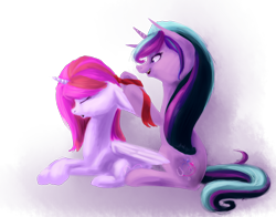 Size: 1937x1520 | Tagged: safe, artist:theartflower, oc, oc only, oc:mardelia, oc:mary-joe, alicorn, pony, unicorn, alicorn oc, bow, duo, eyes closed, female, hair bow, hair styling, horn, lying down, mare, prone, simple background, sitting, transparent background, unicorn oc, wings