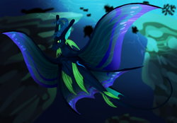 Size: 2360x1640 | Tagged: safe, artist:demontalakuyt, oc, oc only, fish, hybrid, manta ray, original species, sea pony, bubble, crepuscular rays, digital art, fin wings, fins, fish tail, green eyes, horns, ocean, seaweed, solo, spread wings, sunlight, swimming, tail, underwater, water, wings