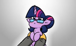 Size: 830x502 | Tagged: safe, artist:zutcha, sci-twi, twilight sparkle, human, pony, unicorn, equestria girls, g4, :<, equestria girls ponified, explain your smolness, floppy ears, glasses, holding a pony, offscreen character, ponified, solo, unicorn sci-twi, what do you want