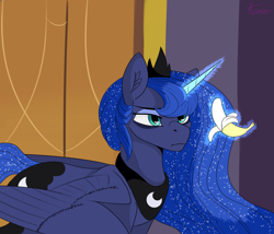 Size: 1400x1200 | Tagged: safe, artist:kiararrr, princess luna, alicorn, pony, a royal problem, g4, season 7, banana, female, food, scene interpretation, solo