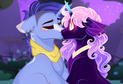 Size: 1145x785 | Tagged: safe, artist:louyalpha, hoo'far, oc, oc:umbraalpha, pony, unicorn, g4, canon x oc, duo, hoo'far's wagon, kiss on the lips, kissing, shipping, wagon