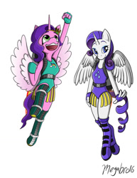 Size: 786x1017 | Tagged: safe, artist:megabro16, pipp petals, rarity, alicorn, anthro, g5, alicornified, clothes, flying, happy, jetpack, leotard, pippcorn, race swap, raricorn, simple background, white background