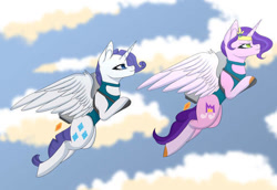 Size: 580x400 | Tagged: safe, artist:bubbastudios, pipp petals, rarity, alicorn, pony, g5, alicornified, clothes, flying, jetpack, leotard, pippcorn, race swap, raricorn, sky, sky background