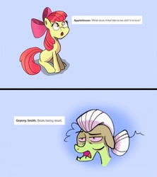 Size: 1920x2160 | Tagged: safe, artist:refinedspecimen, apple bloom, granny smith, earth pony, pony, g4, 2 panel comic, comic, female, filly, foal, mare, text