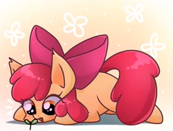Size: 1451x1099 | Tagged: safe, artist:namaenonaipony, apple bloom, earth pony, pony, g4, adorabloom, cute, female, filly, foal, lying down, open mouth, plant, prone, solo, sprout