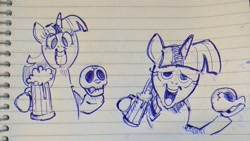 Size: 2048x1152 | Tagged: safe, artist:mellodillo, twilight sparkle, pony, unicorn, g4, cider, dr. livesey, female, hoof hold, lined paper, looking at you, mare, meme, mug, pen drawing, skull, smiling, smiling at you, solo, traditional art, treasure island, unicorn twilight