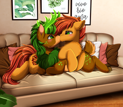 Size: 3509x3050 | Tagged: safe, artist:pridark, oc, oc only, oc:kale triton, oc:kizzi, deer, earth pony, pony, commission, couch, deer oc, duo, gay, high res, kiss on the lips, kissing, male, non-pony oc, pillow