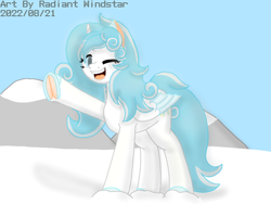 Size: 1024x768 | Tagged: safe, artist:radiant windstar, oc, oc:edelweiss, alicorn, original species, pony, alicorn oc, horn, looking at you, one eye closed, snow, solo, waving at you, wings, wink, winking at you