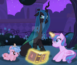 Size: 1280x1088 | Tagged: safe, artist:hate-love12, cozy glow, princess flurry heart, queen chrysalis, alicorn, changeling, changeling queen, pegasus, pony, g4, base used, book, concave belly, female, filly, foal, friendship journal, glowing, glowing horn, height difference, horn, magic, older, tall, telekinesis