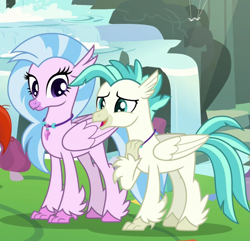 Size: 745x718 | Tagged: safe, screencap, silverstream, terramar, classical hippogriff, hippogriff, g4, student counsel, brother and sister, colored hooves, cropped, cute, diastreamies, duo, female, jewelry, male, necklace, siblings, terrabetes