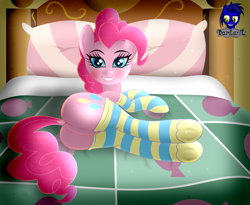 Size: 5075x4154 | Tagged: safe, artist:damlanil, pinkie pie, earth pony, pony, g4, balloonbutt, bed, bedroom, blushing, butt, clothes, cute, diapinkes, dock, featureless crotch, female, grin, happy, looking at you, lying down, mare, on bed, plot, smiling, socks, solo, striped socks, tail, underhoof, vector