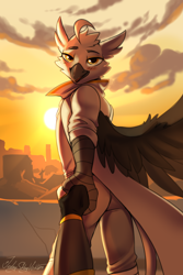 Size: 2000x3000 | Tagged: safe, artist:jedayskayvoker, oc, oc:nocturne star, oc:tristan alastair, griffon, anthro, anthro oc, beak, bedroom eyes, blushing, city, cityscape, clothes, colored, colored sketch, cute, eyebrows, full color, griffon oc, high res, holding hands, looking at you, male, offscreen character, pov, sketch, smiling, smiling at you, solo, spread wings, sunset, uniform, wings
