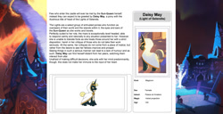 Size: 1586x815 | Tagged: safe, artist:lummh, artist:ternonadime, oc, oc only, oc:daisy may, pony, comic:the lost sun, magicorn, reference sheet, solo, text, wiki