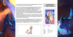 Size: 1586x815 | Tagged: safe, artist:lummh, artist:ternonadime, oc, oc only, oc:vanilla swirl, pony, comic:the lost sun, magicorn, reference sheet, solo, text, wiki