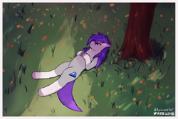 Size: 2824x1900 | Tagged: safe, artist:autumnsfur, oc, oc only, oc:glitter stone, earth pony, pony, g4, g5, artwork, autumn, blue eyes, digital art, earth pony oc, evening, female, female oc, grass, gray coat, grey fur, hair over one eye, hooves, hooves on chest, leaves, logo, long hair, long mane, looking at the sky, lying down, mare, nature, orange leaves, outline, pony oc, purple hair, purple mane, relaxing, shade, signature, solo, tree, trunk, under the tree, white outline